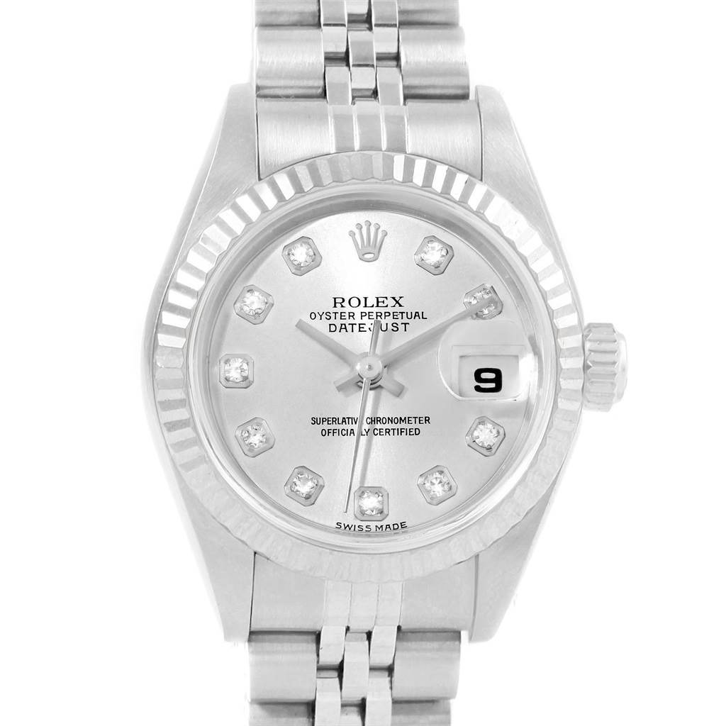 This image shows a front view of the Rolex Datejust 79174 Women
s Stainless Steel Silver Dial 79174 Women
s Stainless Steel Silver Dial watch, highlighting the dial, bezel, bracelet, and date window.