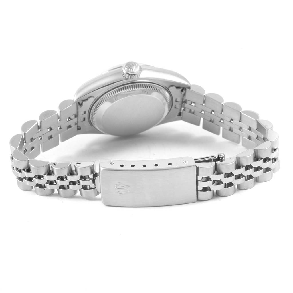 This image shows the back view of a Rolex Datejust 79174 Women
s Stainless Steel Silver Dial 79174 Women
s Stainless Steel Silver Dial, focusing on the case back and the Jubilee bracelet with the clasp.