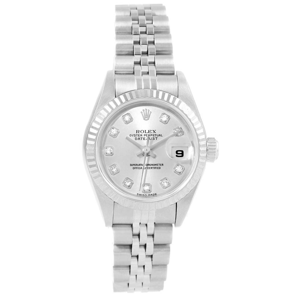 The image shows a front view of a Rolex Datejust 79174 Women
s Stainless Steel Silver Dial 79174 Women
s Stainless Steel Silver Dial watch, highlighting its face, bezel, and bracelet.