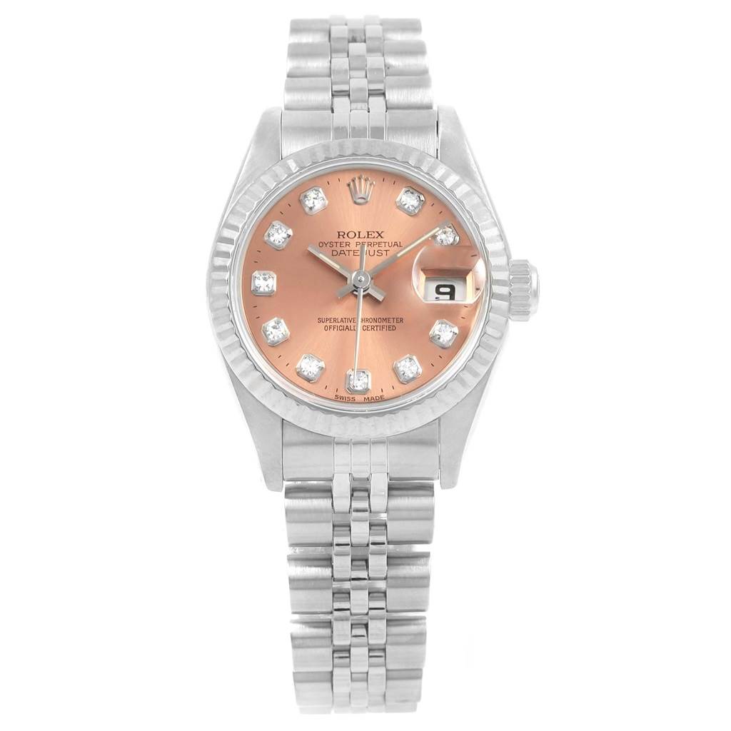The image shows a frontal view of a Rolex Datejust 69174 Women
s Stainless Steel Pink Dial 69174 Women
s Stainless Steel Pink Dial watch, displaying its dial, bezel, crown, and bracelet.
