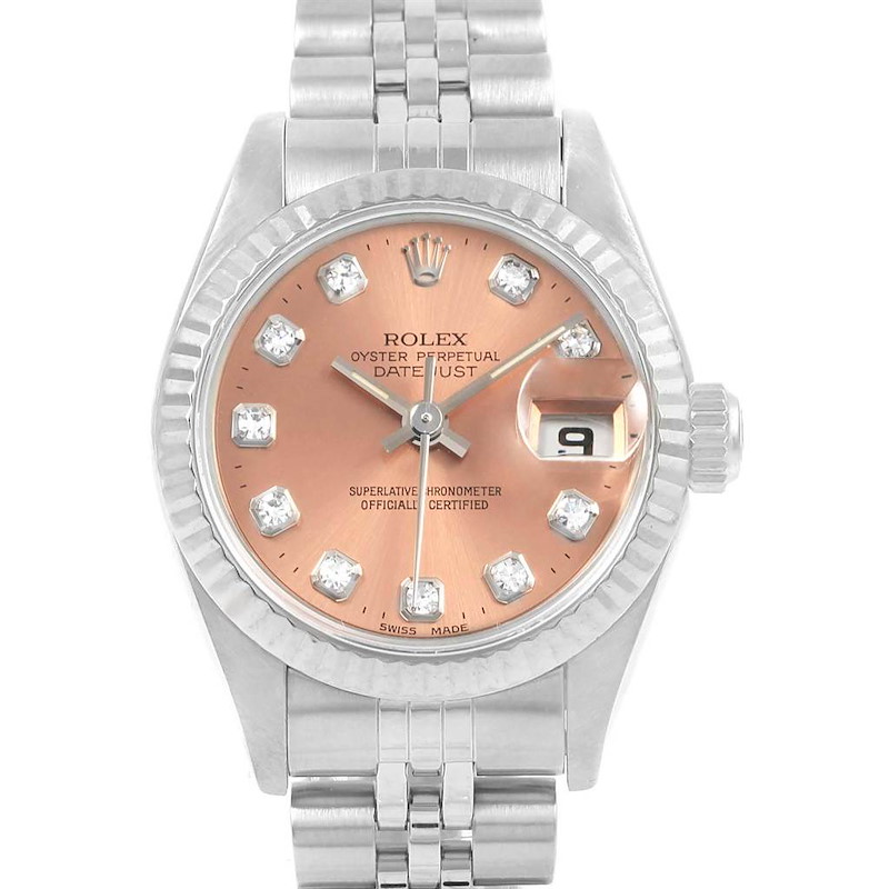 Rolex Datejust Ladies Steel White Gold Salmon Diamond Dial Watch 69174 SwissWatchExpo