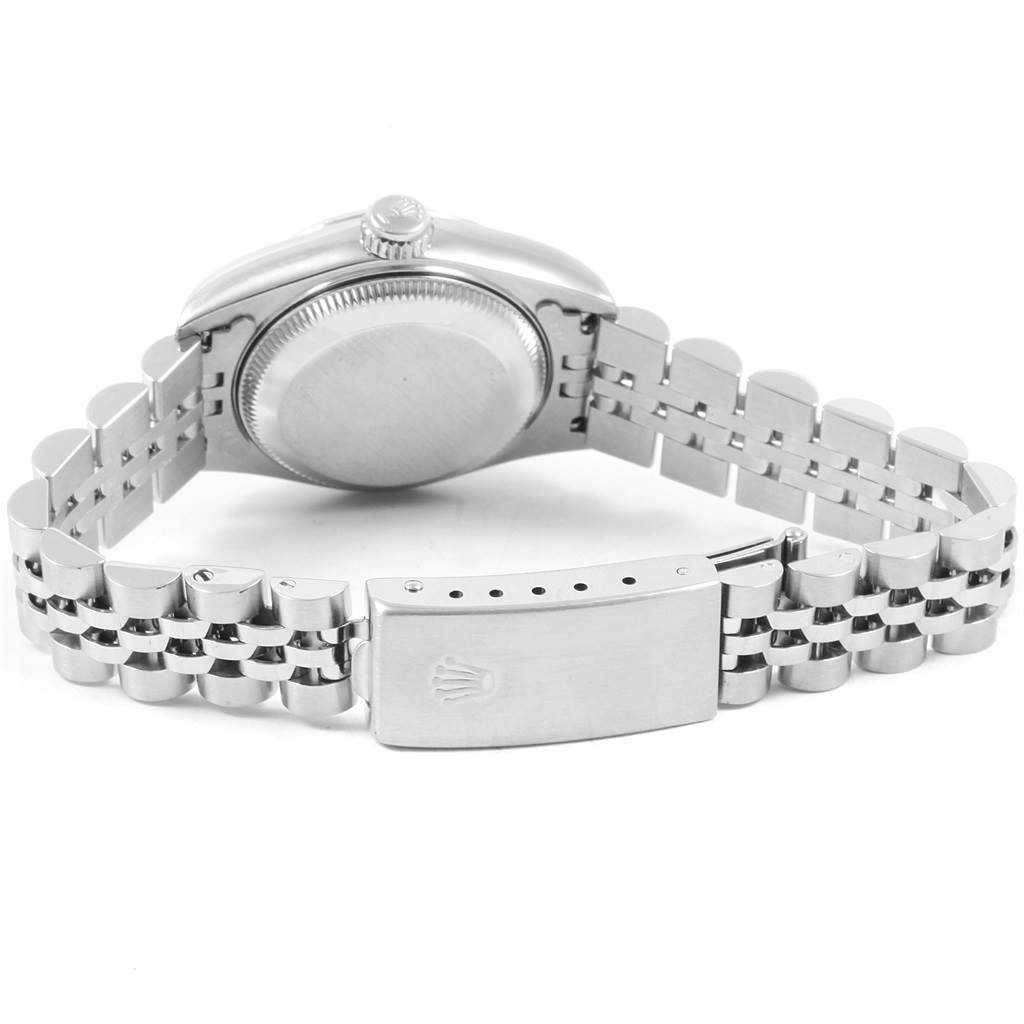 This image shows the back view of a Rolex Datejust 69174 Women
s Stainless Steel Pink Dial 69174 Women
s Stainless Steel Pink Dial watch, including the case back and the Jubilee bracelet clasp.