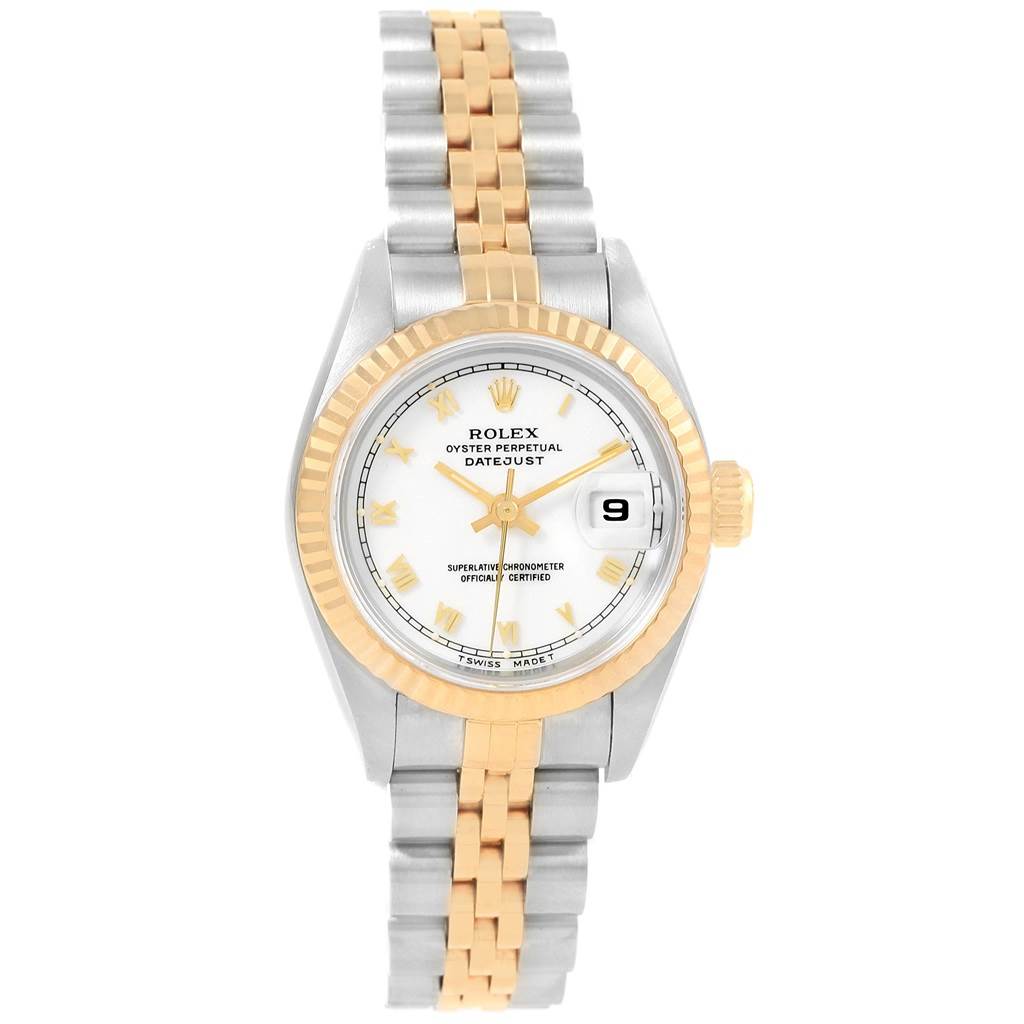 The image shows a front view of a Rolex Datejust 69173 Women's Stainless Steel White Dial 69173 Women's Stainless Steel White Dial watch, highlighting its two-tone bracelet, gold bezel, white dial, and date feature.