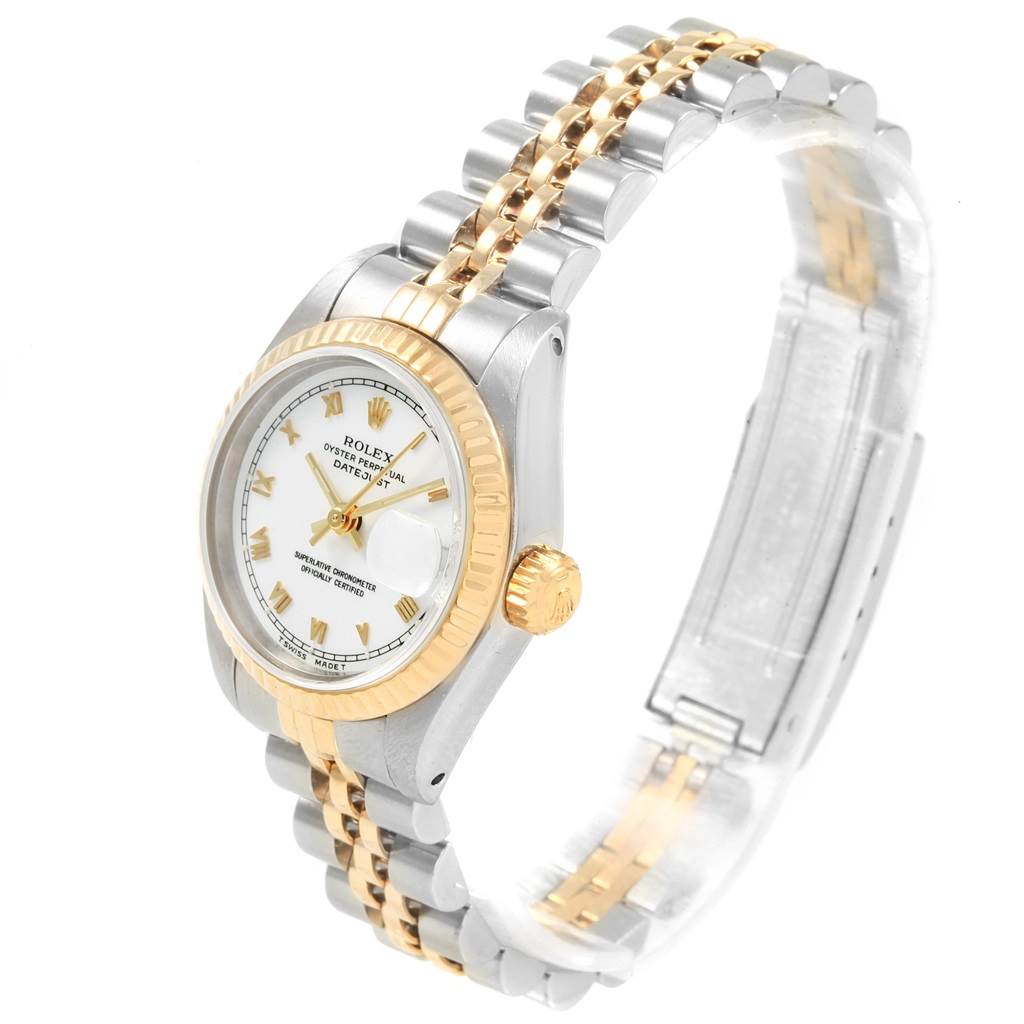 The Rolex Datejust 69173 Women's Stainless Steel White Dial 69173 Women's Stainless Steel White Dial watch is shown from a three-quarter angle, displaying its dial, bezel, case, crown, and two-tone bracelet.