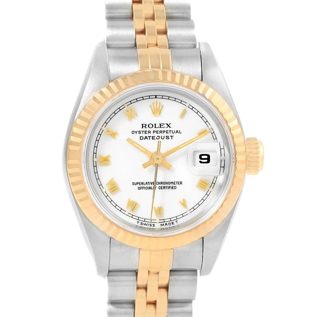 The Rolex Datejust 69173 Women's Stainless Steel White Dial 69173 Women's Stainless Steel White Dial watch is shown from a top-down angle, displaying its face, bezel, and part of the bracelet.