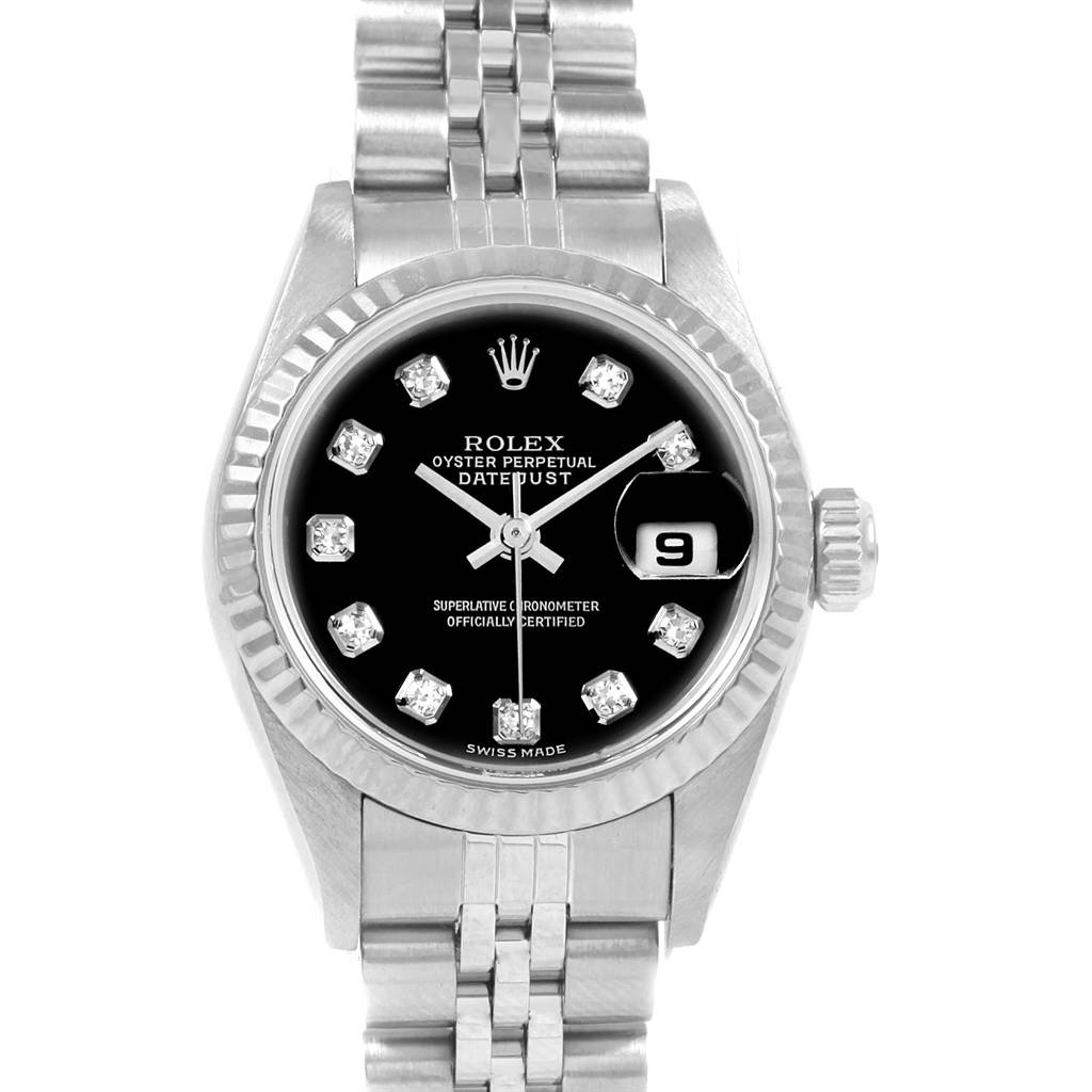 The image shows a Rolex Datejust 79174 Women's Stainless Steel Black Dial 79174 Women's Stainless Steel Black Dial watch front view, highlighting its black dial, date display, and diamond markers.