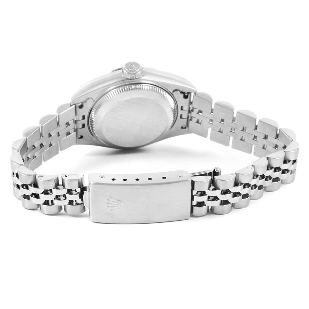 This image shows the back case and bracelet of a Rolex Datejust 79174 Women's Stainless Steel Black Dial 79174 Women's Stainless Steel Black Dial watch, including the clasp and crown.