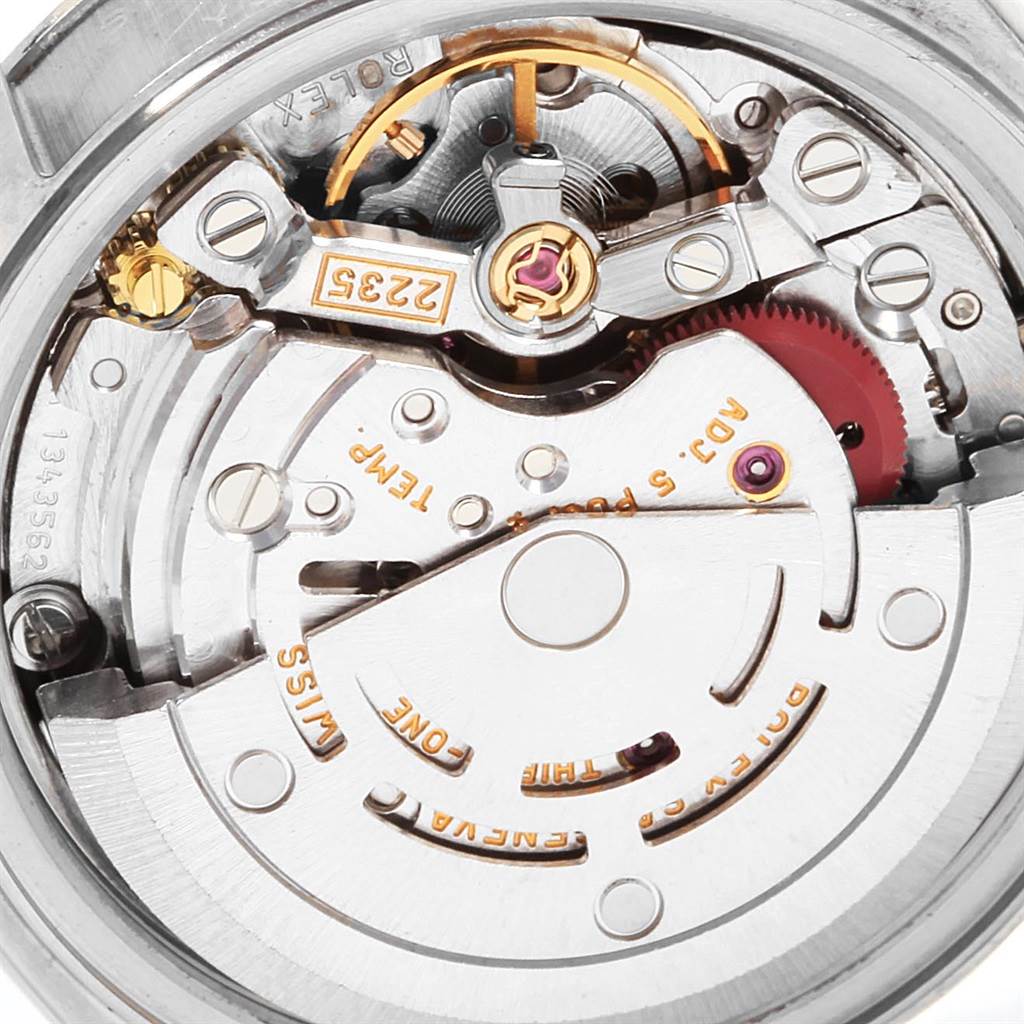 This close-up image shows the movement mechanism of the Rolex Datejust 79174 Women's Stainless Steel Black Dial 79174 Women's Stainless Steel Black Dial watch.