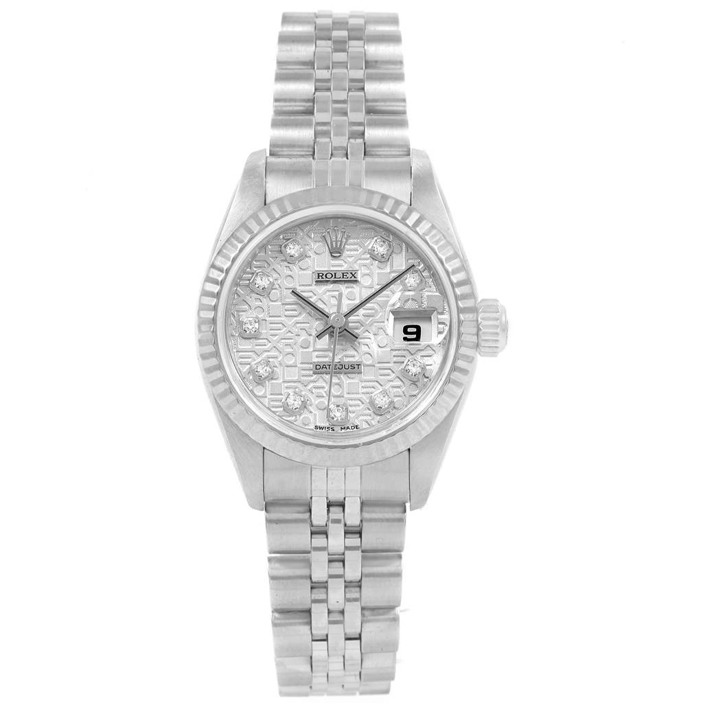 The image shows a front view of a Rolex Datejust 69174 Women
s Stainless Steel Silver Dial 69174 Women
s Stainless Steel Silver Dial watch, highlighting its dial, bracelet, crown, and date window.