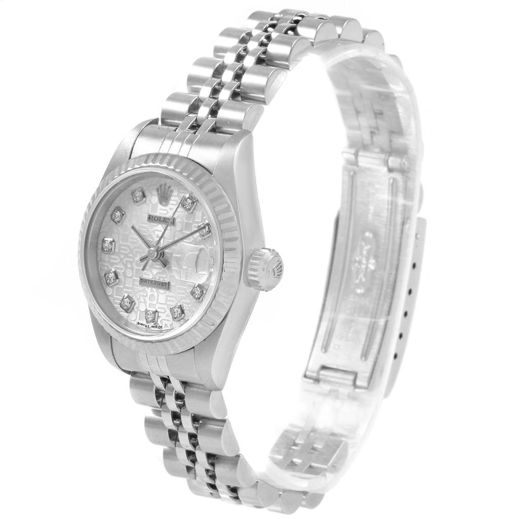 The image shows a three-quarters view of a Rolex Datejust 69174 Women
s Stainless Steel Silver Dial 69174 Women
s Stainless Steel Silver Dial watch, highlighting the dial, bezel, crown, and bracelet.