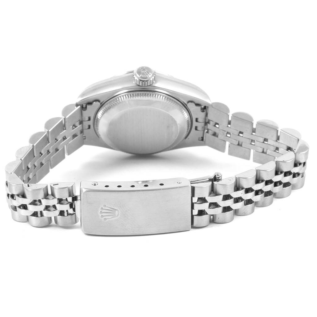 This image shows the back view of a Rolex Datejust 69174 Women
s Stainless Steel Silver Dial 69174 Women
s Stainless Steel Silver Dial watch, focusing on the case back and bracelet with the clasp.