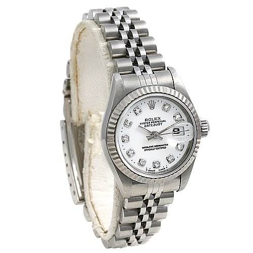This image shows a Rolex Datejust 69174 Women's Stainless Steel White Dial 69174 Women's Stainless Steel White Dial watch at a slight angle, displaying the dial, bezel, case, and bracelet.