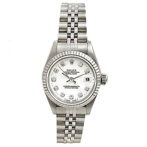 This image shows a Rolex Datejust 69174 Women's Stainless Steel White Dial 69174 Women's Stainless Steel White Dial watch from a top-down angle, highlighting the dial, bezel, and bracelet.