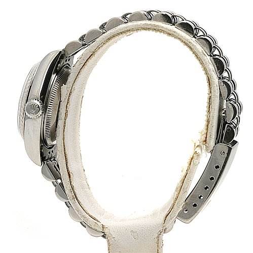 The image shows a side view of the Rolex Datejust 69174 Women's Stainless Steel White Dial 69174 Women's Stainless Steel White Dial watch, focusing on the crown, case, and part of the band.