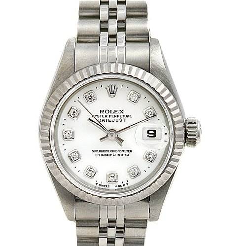 The Rolex Datejust 69174 Women's Stainless Steel White Dial 69174 Women's Stainless Steel White Dial watch is shown from a front-facing angle, displaying the dial, bezel, and part of the bracelet.
