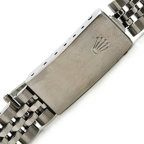 This image shows a close-up of the clasp and part of the bracelet of a Rolex Datejust 69174 Women's Stainless Steel White Dial 69174 Women's Stainless Steel White Dial watch.