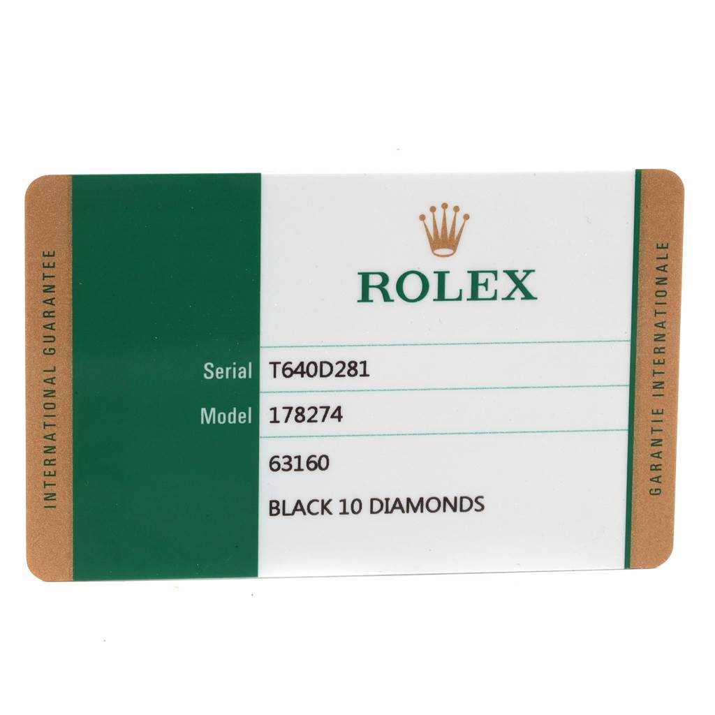 The image shows a Rolex Datejust 178274 Women's Stainless Steel Black Dial 178274 Women's Stainless Steel Black Dial international guarantee card with serial and model numbers.