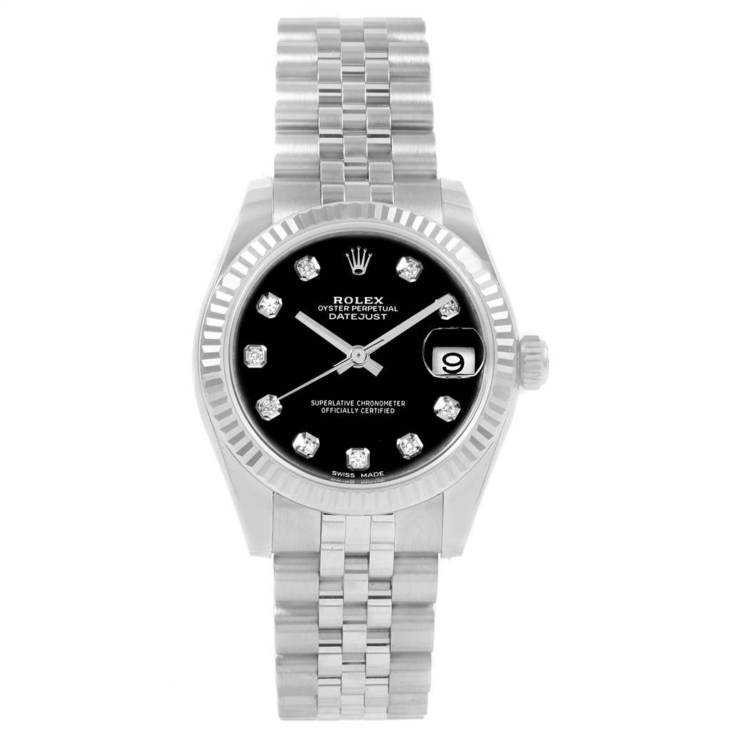 The image shows a front view of the Rolex Datejust 178274 Women's Stainless Steel Black Dial 178274 Women's Stainless Steel Black Dial watch, displaying its black dial, date window, and Jubilee bracelet.