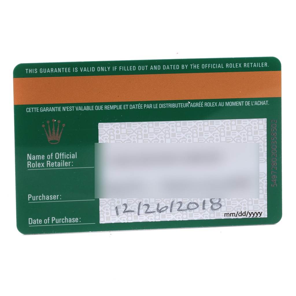 The image shows the warranty card for a Rolex Datejust 178274 Women's Stainless Steel Black Dial 178274 Women's Stainless Steel Black Dial watch, detailing the official retailer, purchaser, and date of purchase.