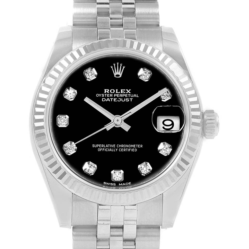 This image shows a Rolex Datejust 178274 Women's Stainless Steel Black Dial 178274 Women's Stainless Steel Black Dial watch from a front-facing angle, highlighting the dial, bezel, hands, date display, and part of the bracelet.