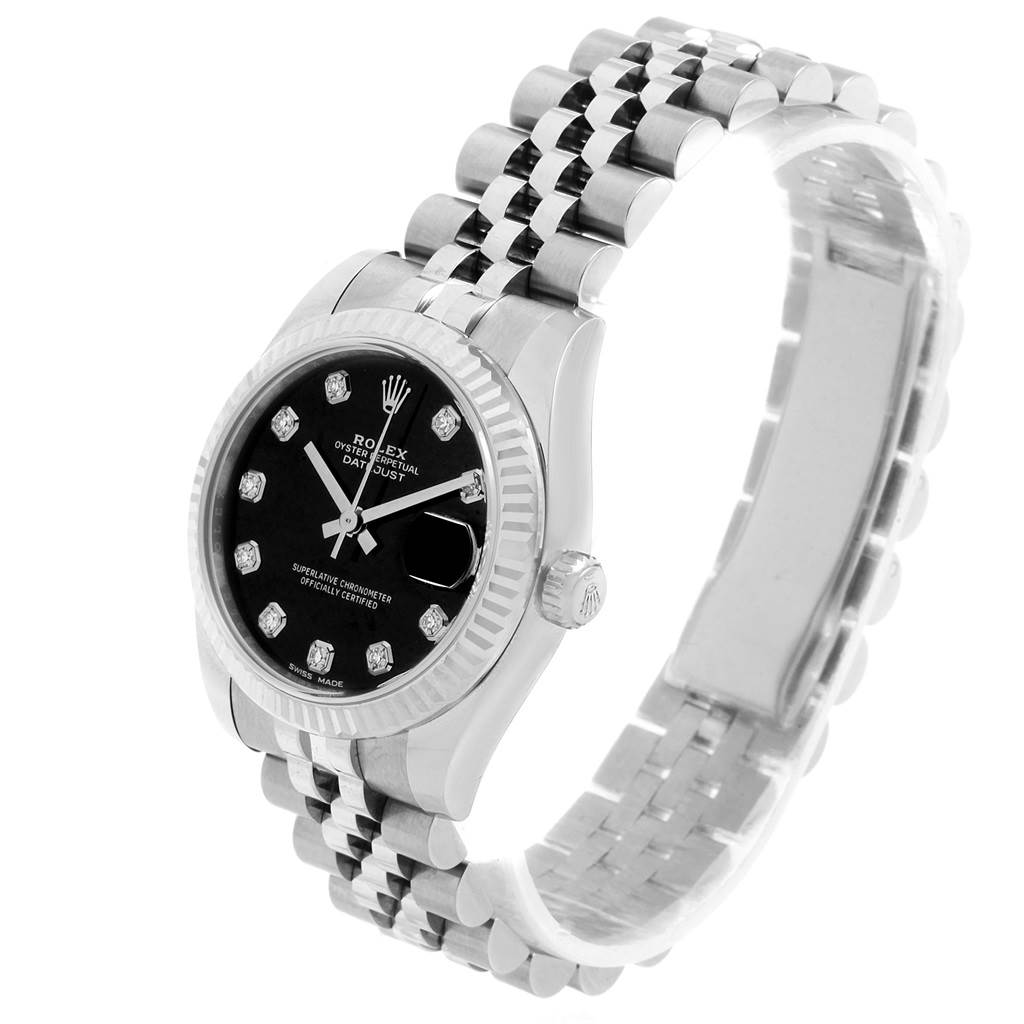 The image shows an angled view of the Rolex Datejust 178274 Women's Stainless Steel Black Dial 178274 Women's Stainless Steel Black Dial watch, displaying its face and jubilee bracelet.