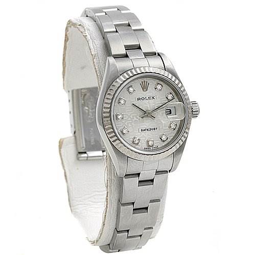 This image shows a Rolex Datejust 79174 Women's Stainless Steel Silver Dial 79174 Women's Stainless Steel Silver Dial watch at a three-quarter angle, highlighting its bracelet, case, and diamond-set dial.