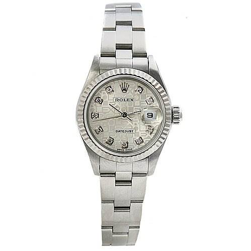 This image shows a Rolex Datejust 79174 Women's Stainless Steel Silver Dial 79174 Women's Stainless Steel Silver Dial watch from a front angle, highlighting the face, bracelet, and clasp.