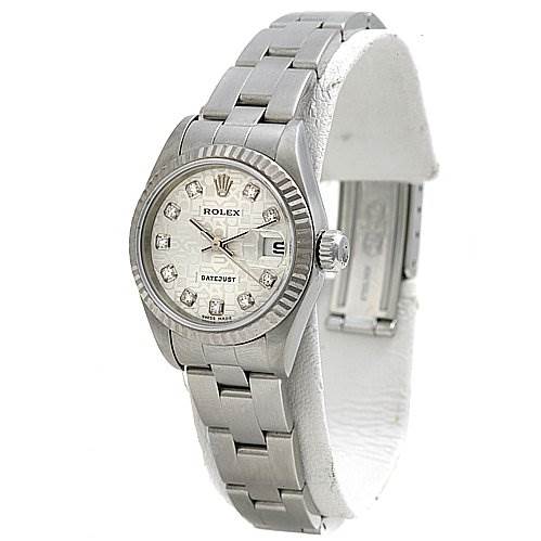 This image shows a stainless steel Rolex Datejust 79174 Women's Stainless Steel Silver Dial 79174 Women's Stainless Steel Silver Dial watch at a slight angle, highlighting the face, bezel, bracelet, and clasp.