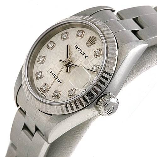 This image shows a side angle of a Rolex Datejust 79174 Women's Stainless Steel Silver Dial 79174 Women's Stainless Steel Silver Dial watch, highlighting the bezel, dial, crown, and the bracelet.