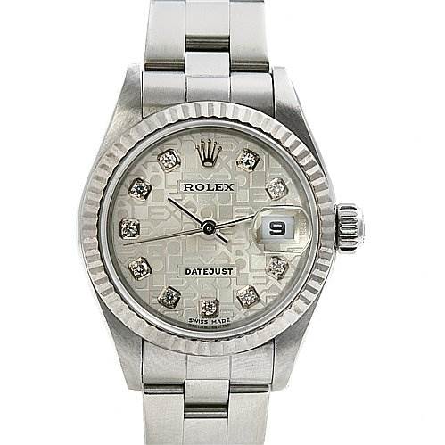 This image shows a Rolex Datejust 79174 Women's Stainless Steel Silver Dial 79174 Women's Stainless Steel Silver Dial watch from a front angle, highlighting its dial, date window, bezel, and bracelet.