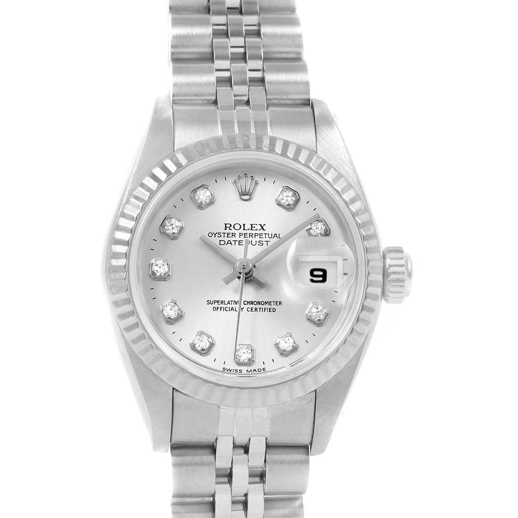 This image shows a frontal view of a Rolex Datejust 79174 Women's Stainless Steel Silver Dial 79174 Women's Stainless Steel Silver Dial watch, highlighting its dial, bezel, and bracelet.