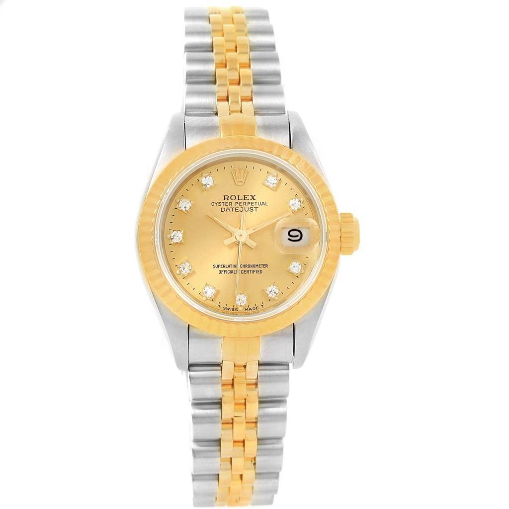 This image shows a Rolex Datejust 69173 Women's Stainless Steel Champagne Dial 69173 Women's Stainless Steel Champagne Dial watch from a front angle, highlighting the face, bezel, and two-tone bracelet.