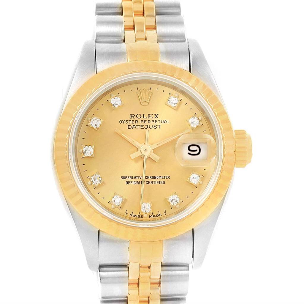 This image shows a front view of a Rolex Datejust 69173 Women's Stainless Steel Champagne Dial 69173 Women's Stainless Steel Champagne Dial watch, highlighting the dial, bezel, and part of the bracelet.