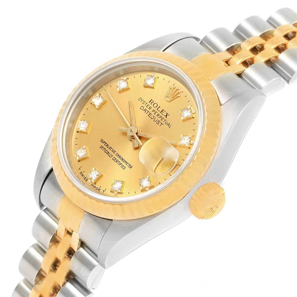 The image shows the Rolex Datejust 69173 Women's Stainless Steel Champagne Dial 69173 Women's Stainless Steel Champagne Dial watch at an angled view, highlighting the dial, crown, and part of the bracelet band.