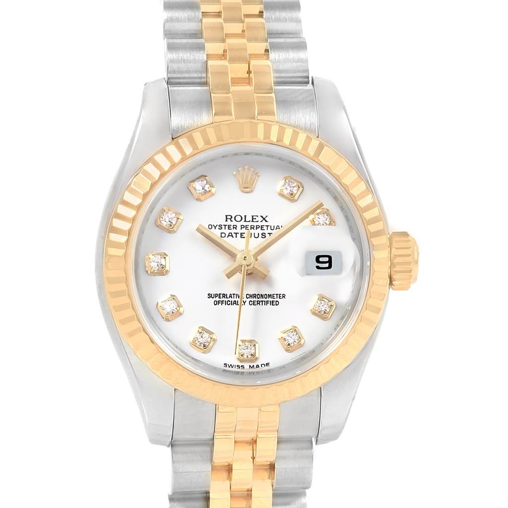 The image shows a Rolex Datejust 179173 Women's Steel and Gold (two tone) Silver Dial 179173 Women's Steel and Gold (two tone) Silver Dial watch from a front angle, highlighting its dial, bezel, crown, and two-tone bracelet.