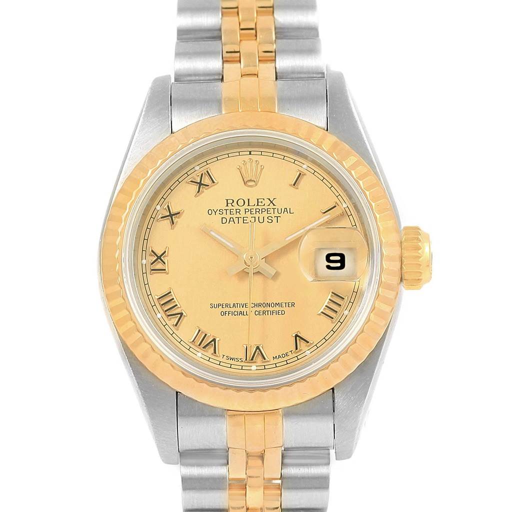 The image shows a front view of the Rolex Datejust 69173 Women's Stainless Steel Champagne Dial 69173 Women's Stainless Steel Champagne Dial watch, highlighting the dial, bezel, hands, crown, and part of the bracelet.