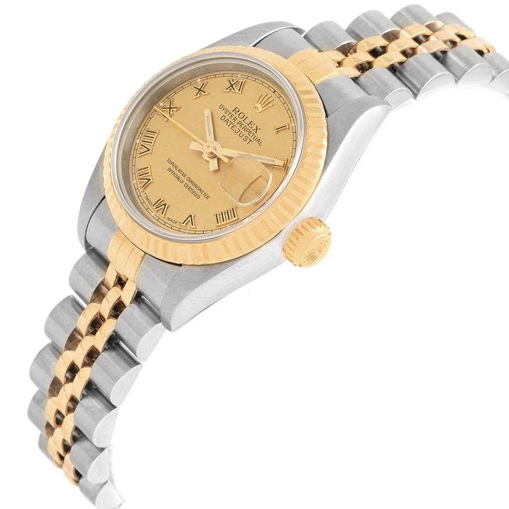 The image shows a Rolex Datejust 69173 Women's Stainless Steel Champagne Dial 69173 Women's Stainless Steel Champagne Dial watch from a side angle featuring the dial, case, crown, and partially visible bracelet.