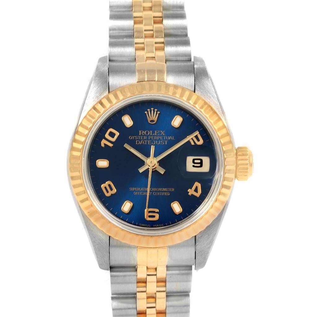 The image shows a frontal view of a Rolex Datejust 69173 Women's Stainless Steel Blue Dial 69173 Women's Stainless Steel Blue Dial watch, displaying the dial, bezel, and bracelet.