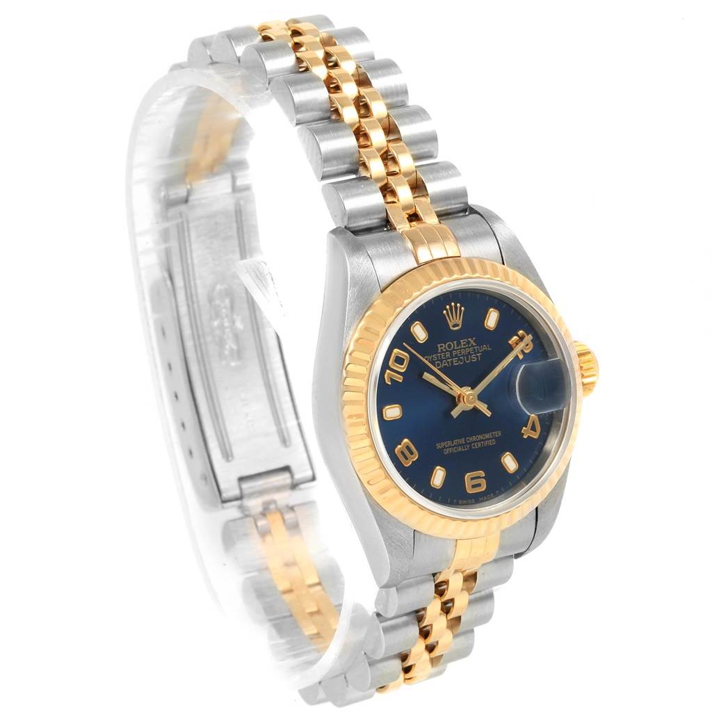 The image shows a Rolex Datejust 69173 Women's Stainless Steel Blue Dial 69173 Women's Stainless Steel Blue Dial watch angled to display the dial, bezel, and two-tone bracelet.