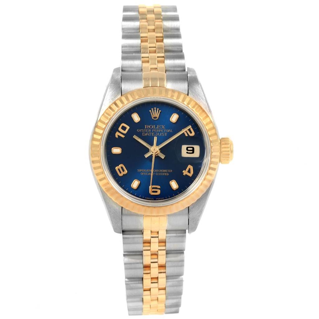 This image shows a full frontal view of a Rolex Datejust 69173 Women's Stainless Steel Blue Dial 69173 Women's Stainless Steel Blue Dial watch, including its face, bezel, and bracelet.