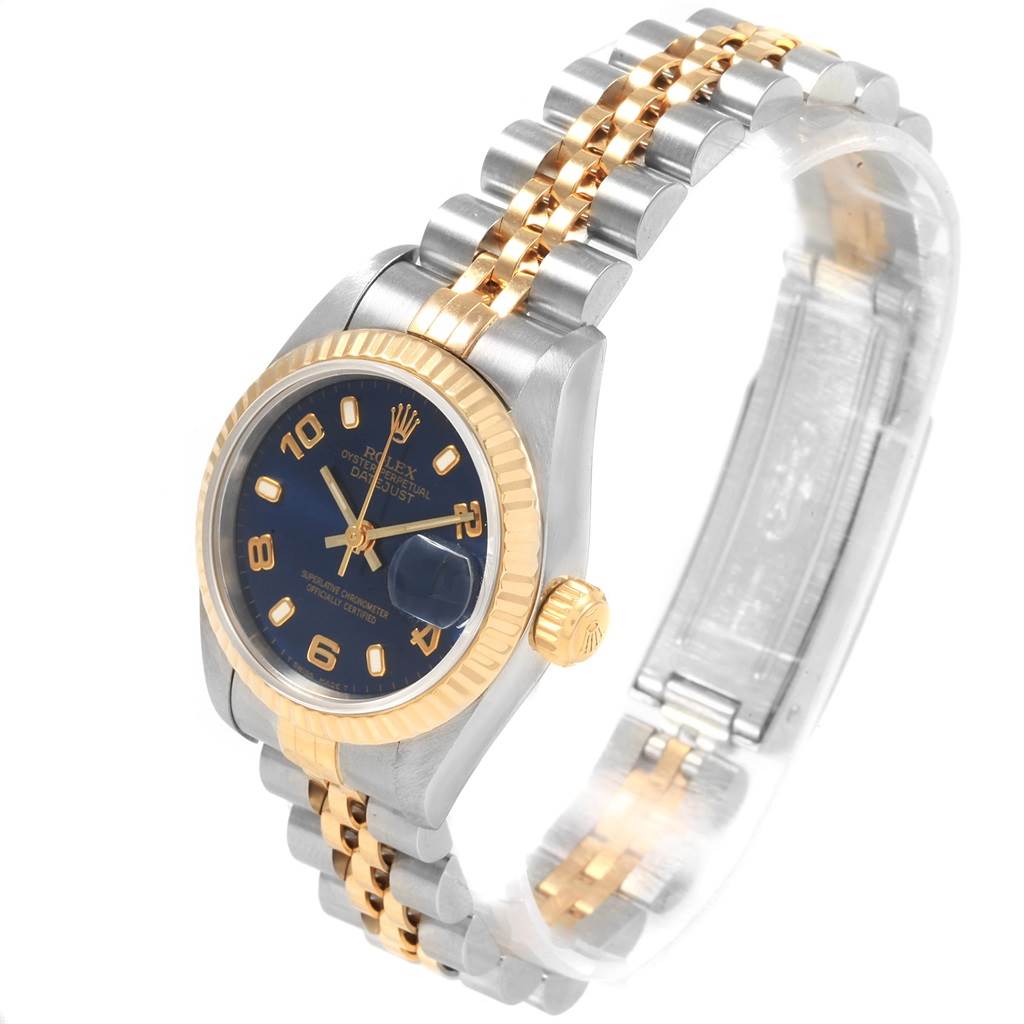 The image shows a Rolex Datejust 69173 Women's Stainless Steel Blue Dial 69173 Women's Stainless Steel Blue Dial watch at a slight angle displaying the bracelet, dial, bezel, and crown.
