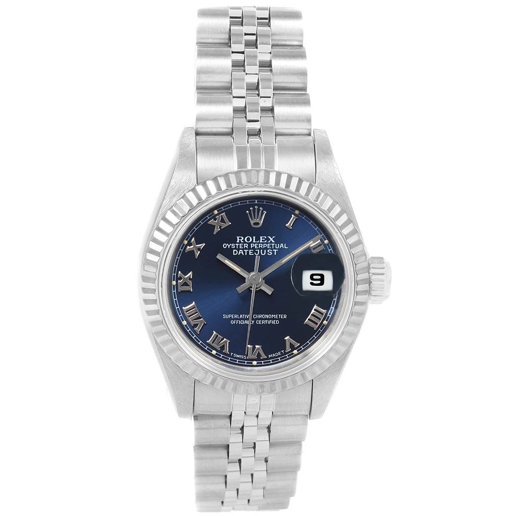The image shows a frontal view of a Rolex Datejust 69174 Women's Stainless Steel Blue Dial 69174 Women's Stainless Steel Blue Dial watch, highlighting the bracelet, case, and blue dial with a date window.