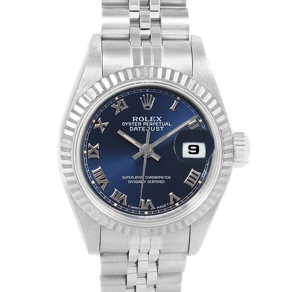 This image shows a Rolex Datejust 69174 Women's Stainless Steel Blue Dial 69174 Women's Stainless Steel Blue Dial watch from a front angle, highlighting its blue dial, Roman numerals, date window, and stainless steel bracelet.