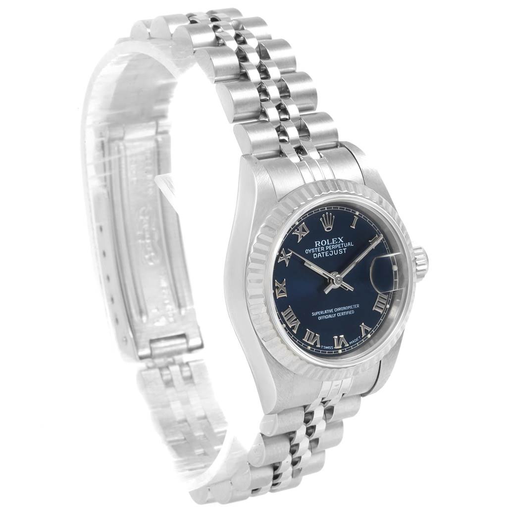 The Rolex Datejust 69174 Women's Stainless Steel Blue Dial 69174 Women's Stainless Steel Blue Dial watch is shown at an angled side view, displaying the face, bezel, crown, and a portion of the bracelet.