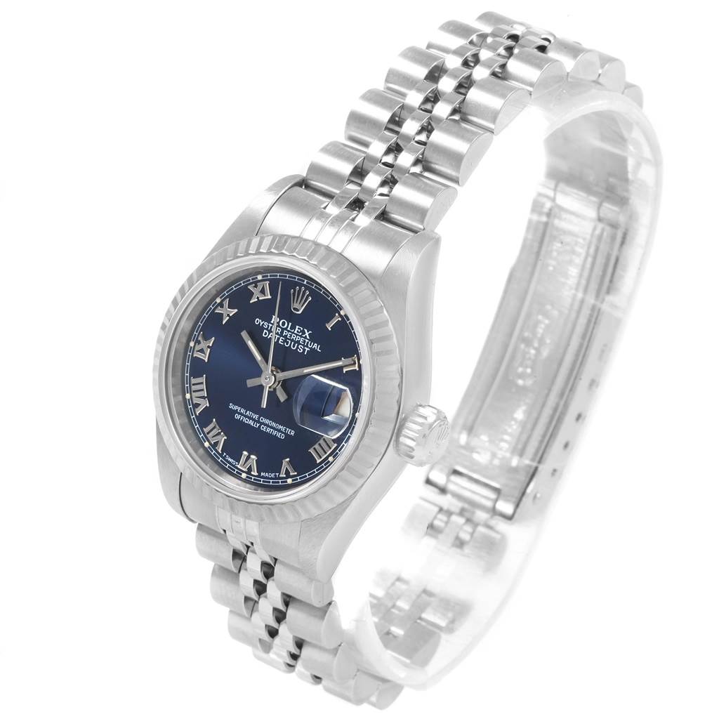 The image shows a Rolex Datejust 69174 Women's Stainless Steel Blue Dial 69174 Women's Stainless Steel Blue Dial watch angled to display the face, bracelet, and part of the clasp.