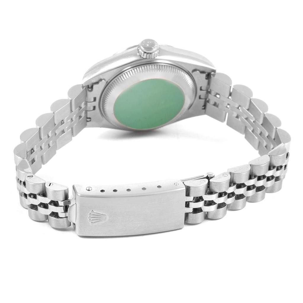 This image shows the back view of a Rolex Datejust 69174 Women's Stainless Steel Blue Dial 69174 Women's Stainless Steel Blue Dial watch, highlighting the case back and the bracelet with the clasp.