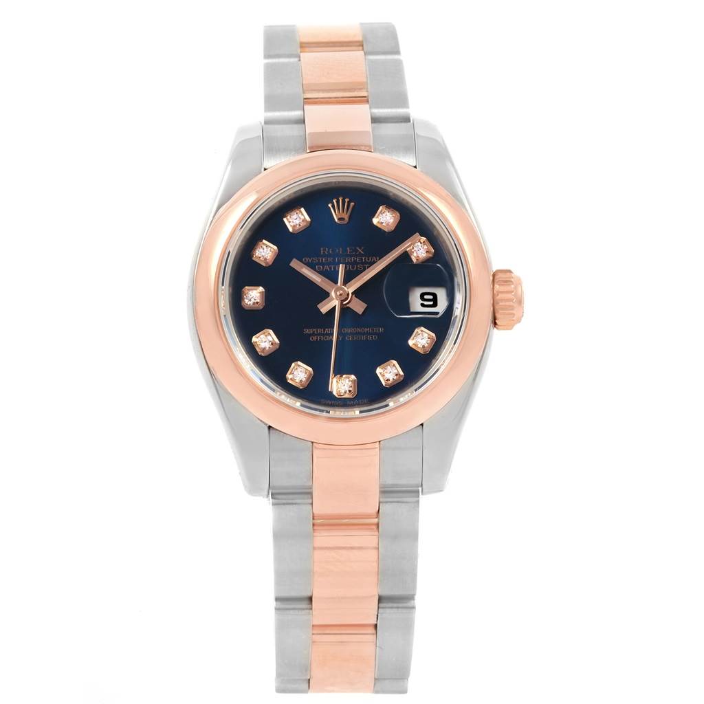 The image shows the front view of a Rolex Datejust 179161 Women's Steel and Gold (two tone) Blue Dial 179161 Women's Steel and Gold (two tone) Blue Dial watch with a two-tone bracelet and diamond hour markers.