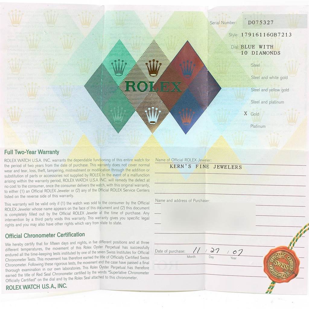 The image shows the certificate of warranty and chronometer certification for a Rolex Datejust 179161 Women's Steel and Gold (two tone) Blue Dial 179161 Women's Steel and Gold (two tone) Blue Dial model watch.