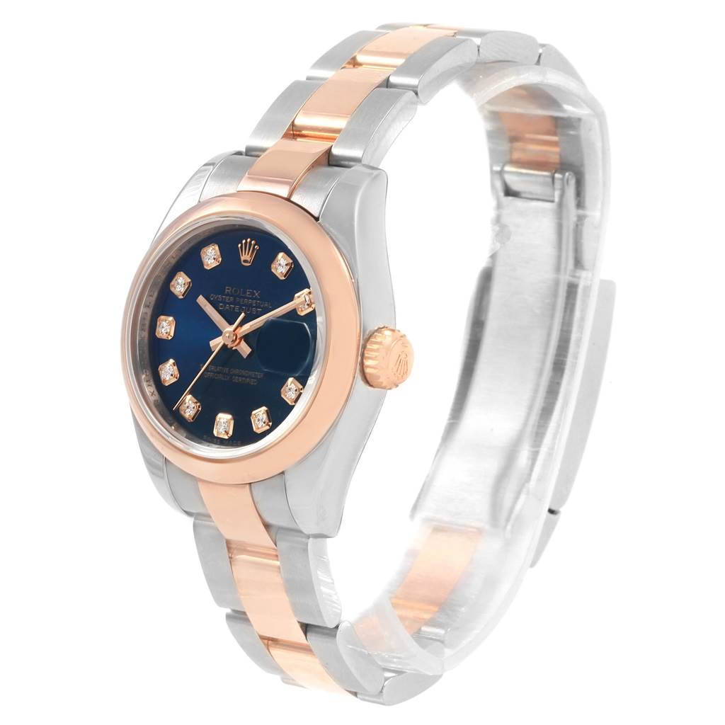 This image shows a Rolex Datejust 179161 Women's Steel and Gold (two tone) Blue Dial 179161 Women's Steel and Gold (two tone) Blue Dial watch at a slight angle, displaying the face, crown, and part of the bracelet.