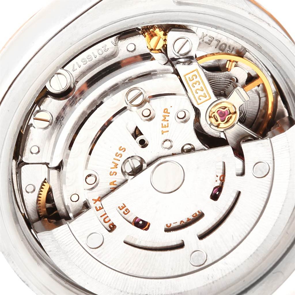This image shows a close-up view of the movement and internal mechanics of a Rolex Datejust 179161 Women's Steel and Gold (two tone) Blue Dial 179161 Women's Steel and Gold (two tone) Blue Dial watch.